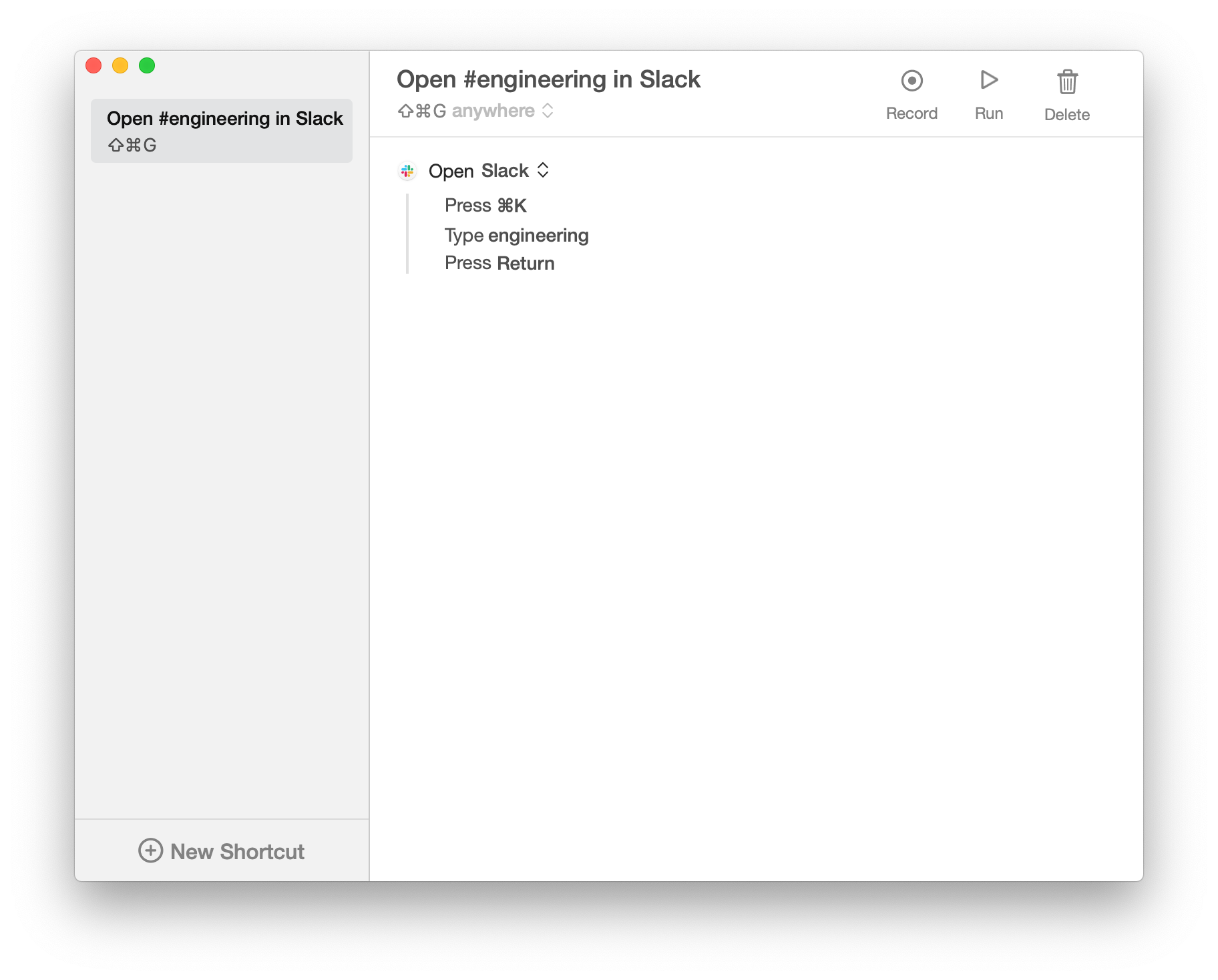A screenshot of a macro in Keysmith to open the #engineering channel in Slack