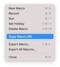 A screenshot of the menu item to copy a macro URL