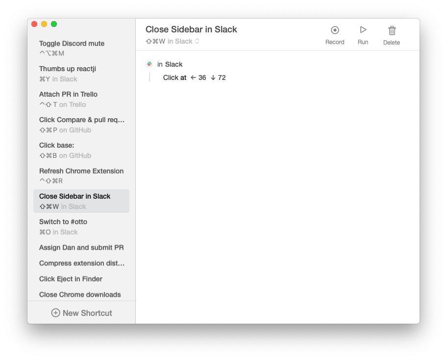 A screenshot Keysmith with the "Close Slack sidebar" shortcut open