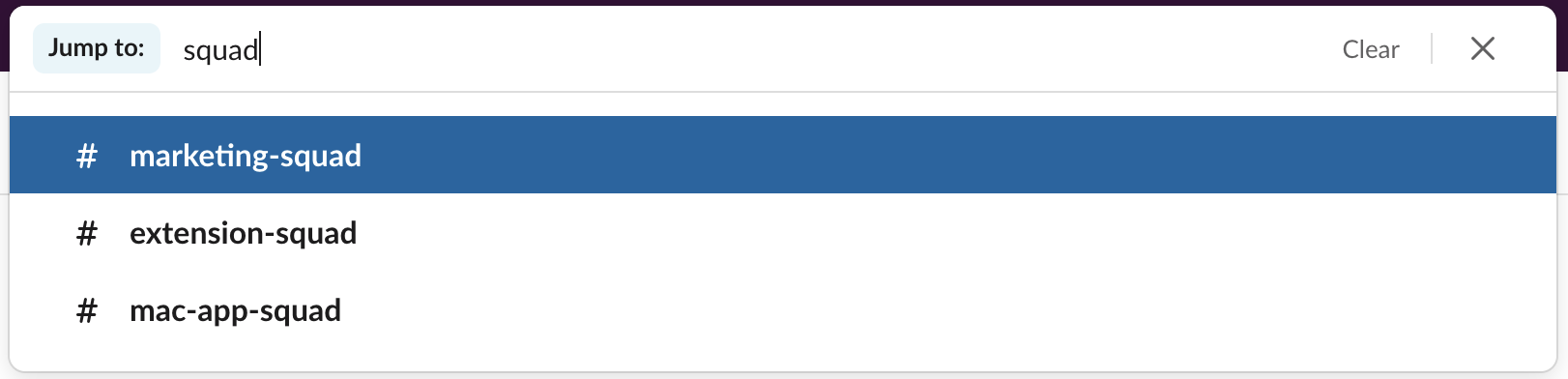 A screenshot of the channel switcher in Slack, "squa" typed into the search box