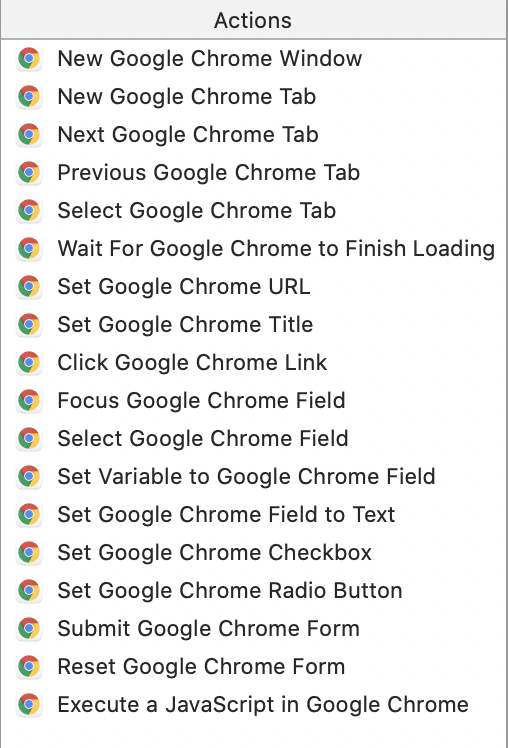 A screenshot of the list of Chrome actions in Keyboard Maestro