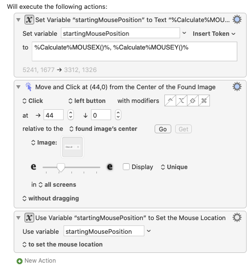 A screenshot of a macro in Keyboard Maestro that contains steps to reset the cursor position